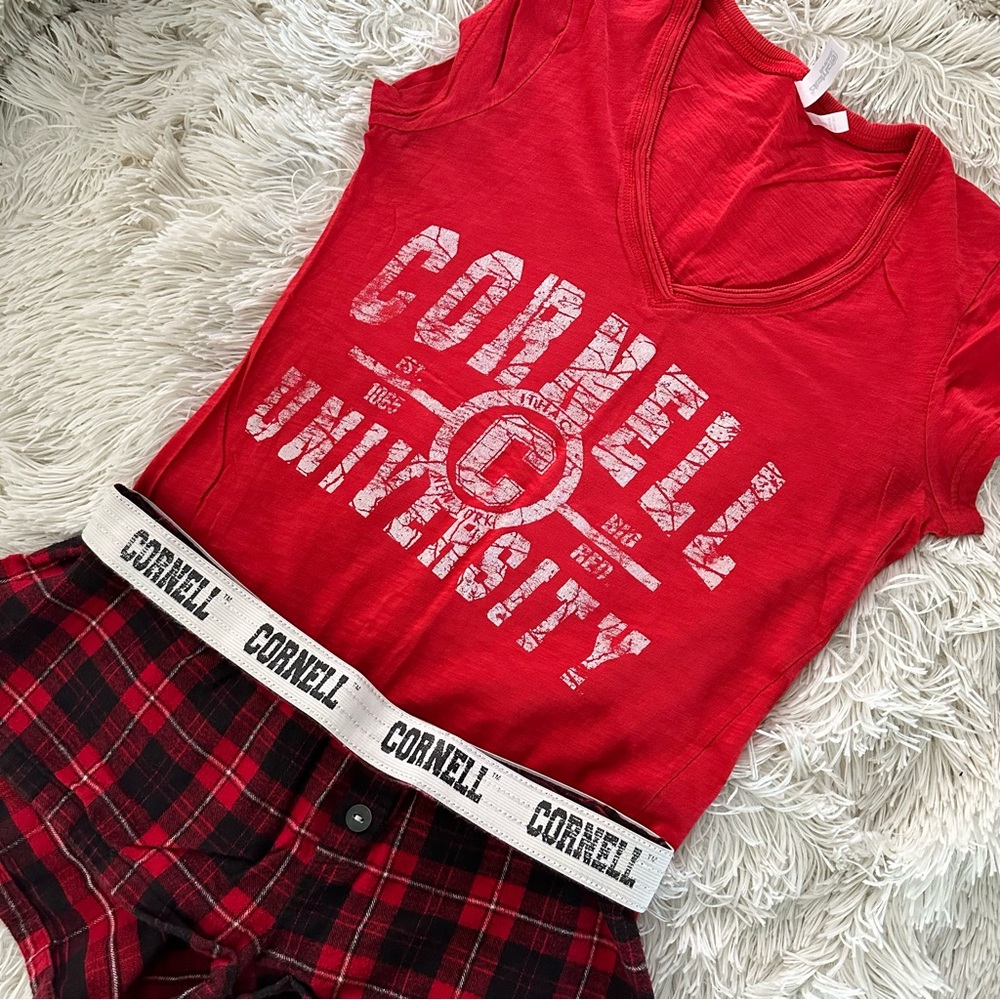 Cornell University Ithaca T-Shirt and Plaid Boxer Shorts Pajama Set XS SMALL